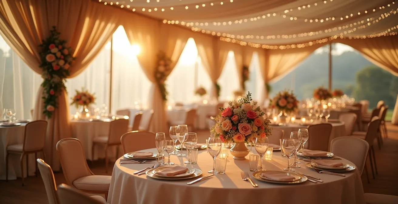 Détail artistique montrant une ambiance chic sous une tente de mariage avec éclairage chaleureux et décoration raffinée