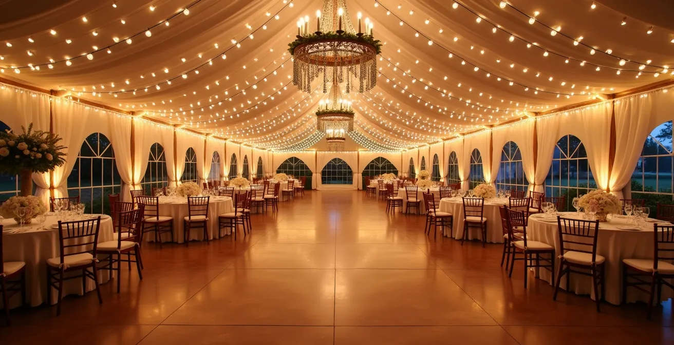 Intérieur de tente de mariage éclairé avec guirlandes lumineuses et éclairage LED doux, revêtement de sol élégant et décoration florale