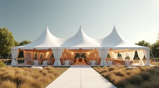 Photographie réaliste d'une tente de mariage élégante en plein air, avec éclairage naturel doux, ciel clair et composition symétrique mettant en valeur la structure et l'espace ouvert