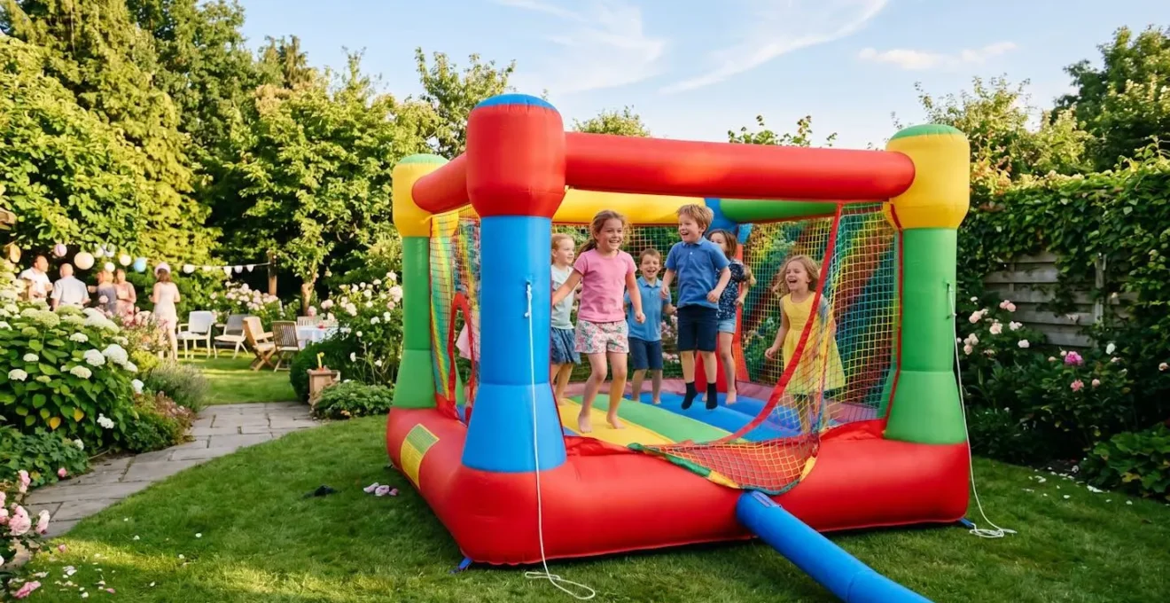 Château gonflable multicolore installé dans un jardin verdoyant avec des enfants qui sautent et rient