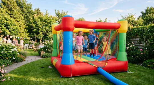 Château gonflable multicolore installé dans un jardin verdoyant avec des enfants qui sautent et rient