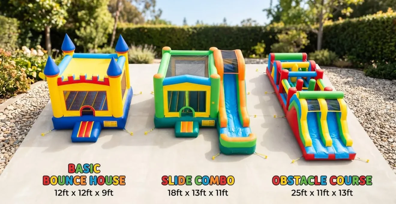 Vue comparative de différents modèles de châteaux gonflables : modèle simple, modèle avec toboggan et modèle combi obstacles